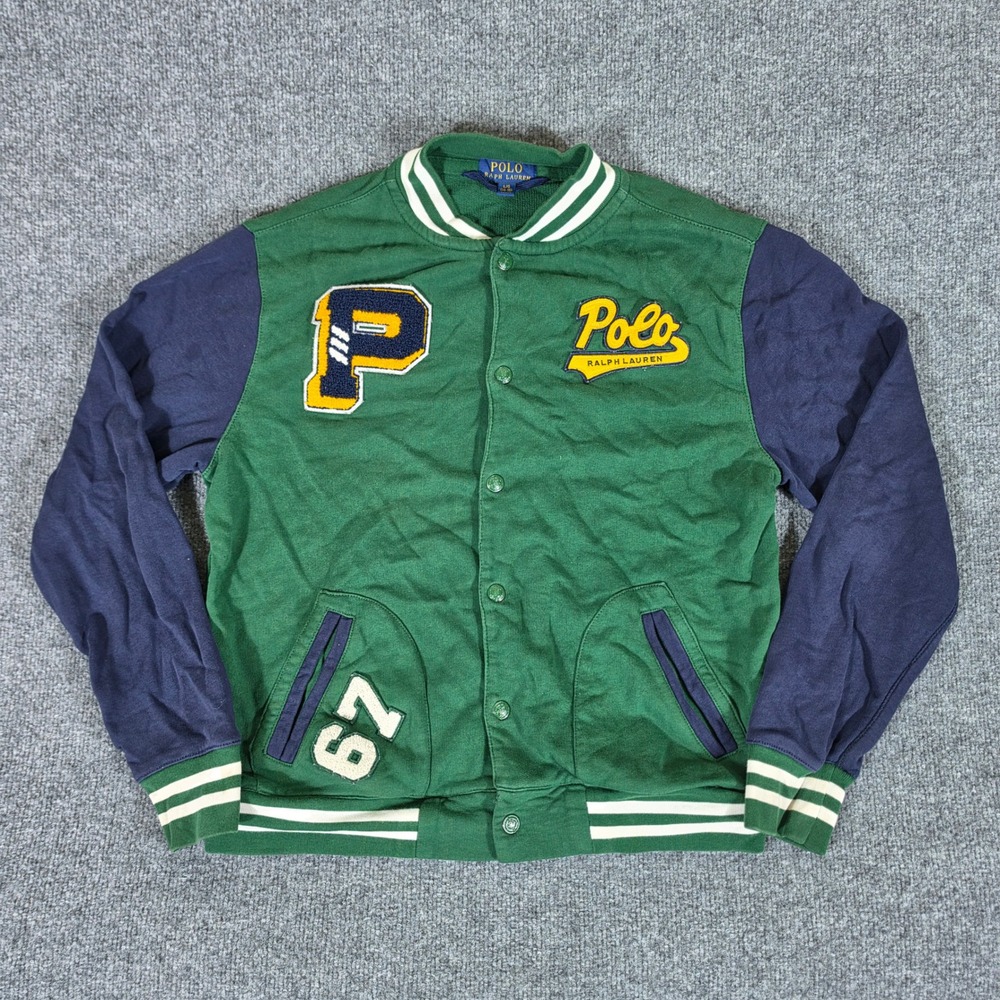 Polo Ralph Lauren Boys Green Navy Varsity Letterman Jacket Size L 14-16 Patch